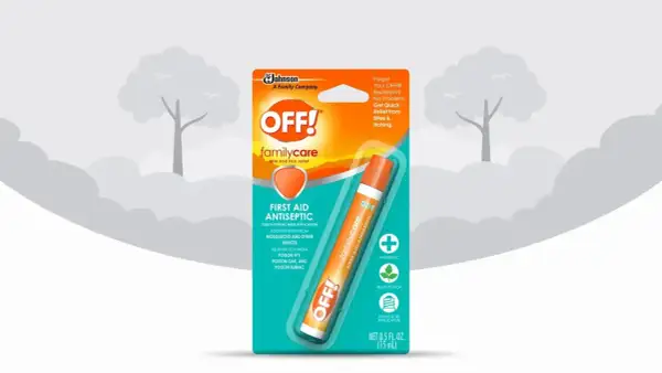 El empaque de OFF! Familycare ofrece alivio rápido para picaduras de mosquitos y otros insectos, actuando como un antiséptico y calmando la picazón.