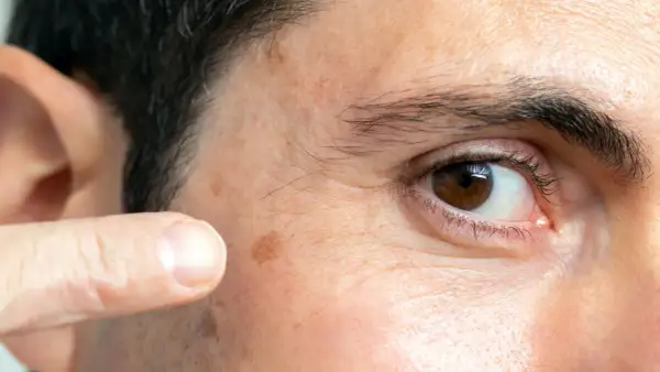 Un dedo señala unos lunares en la cara, cerca del ojo.
