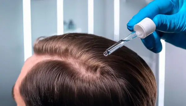 Un guante azul aplica un suero en el cuero cabelludo, buscando el mejor tratamiento capilar para revitalizar el cabello.