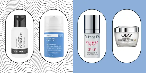 Rutina de cuidado facial con péptidos para la cara: serum, crema y loción de The Inkey List, Paula's Choice, Dr. Irena Eris y Olay.