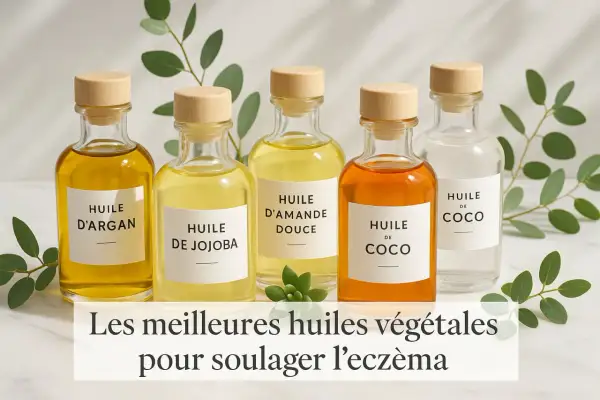 Cinco botellas de aceites vegetales: argán, jojoba, almendras dulces y coco. El mejor aceite esencial para la dermatitis.