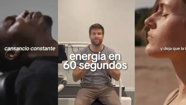 Cómo combatir el cansancio extremo: hombre con energía en 60 segundos, mientras otro sufre cansancio constante y una mujer respira profundo.