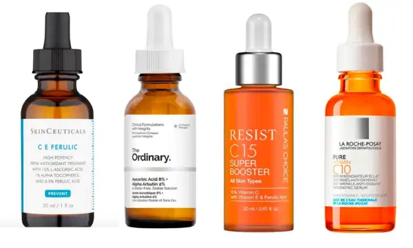 Cuatro sérums de vitamina C, algunos con posibles efectos secundarios en la cara, como irritación.