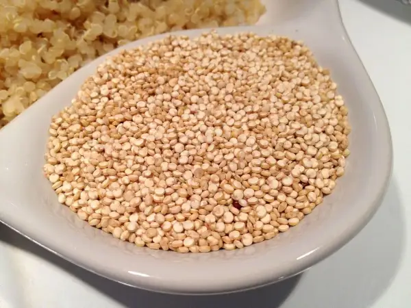 Un tazón de quinoa cruda, lista para cocinar y aprovechar sus increíbles propiedades nutricionales.