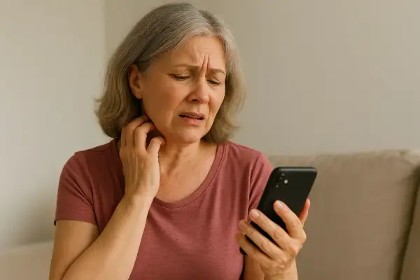 Mujer con cabello gris se rasca el cuello, preocupada mientras mira su teléfono, buscando cómo aliviar los picores en la menopausia.