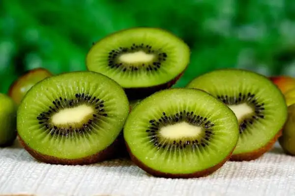 Kiwis cortados, mostrando su interior verde y semillas negras. Considerada la mejor fruta para adelgazar por su fibra y bajo contenido calórico.