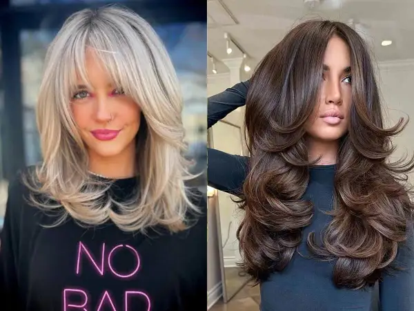 Dos mujeres lucen un corte mariposa, una con cabello rubio y flequillo, la otra con cabello castaño largo y voluminoso.
